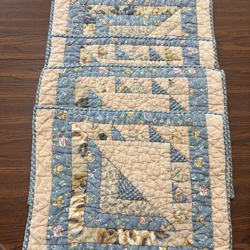 Set of 4 Patchwork Quilted Placemats Floral Shabby Chic Country Blue Beige 13x17